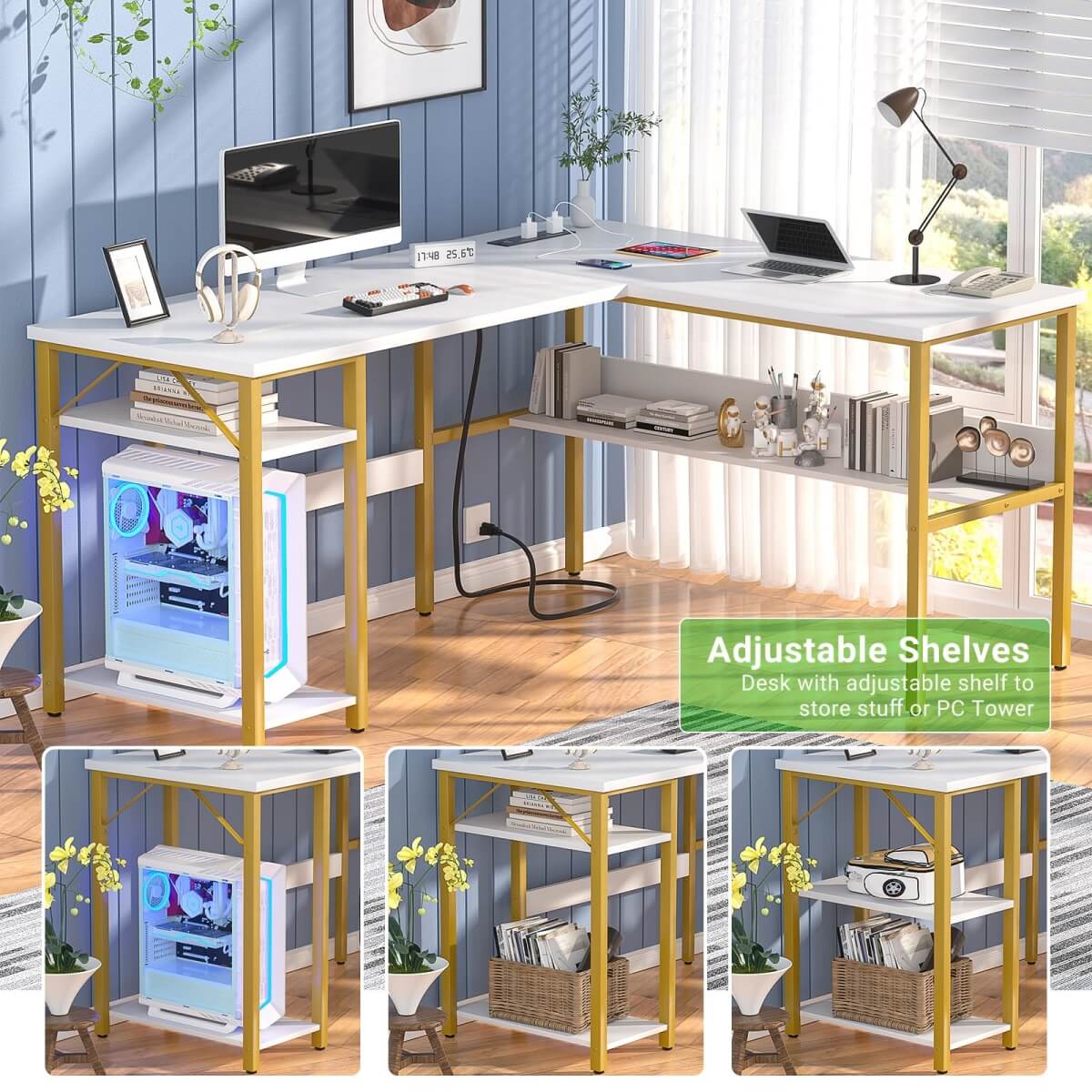 Unikito Reversible L Shaped Desk with Magic Power Outlets and USB Charging Ports, Sturdy Corner Computer Desk with Storage Shelves, Gaming Desk for Home Office, Easy to Assemble