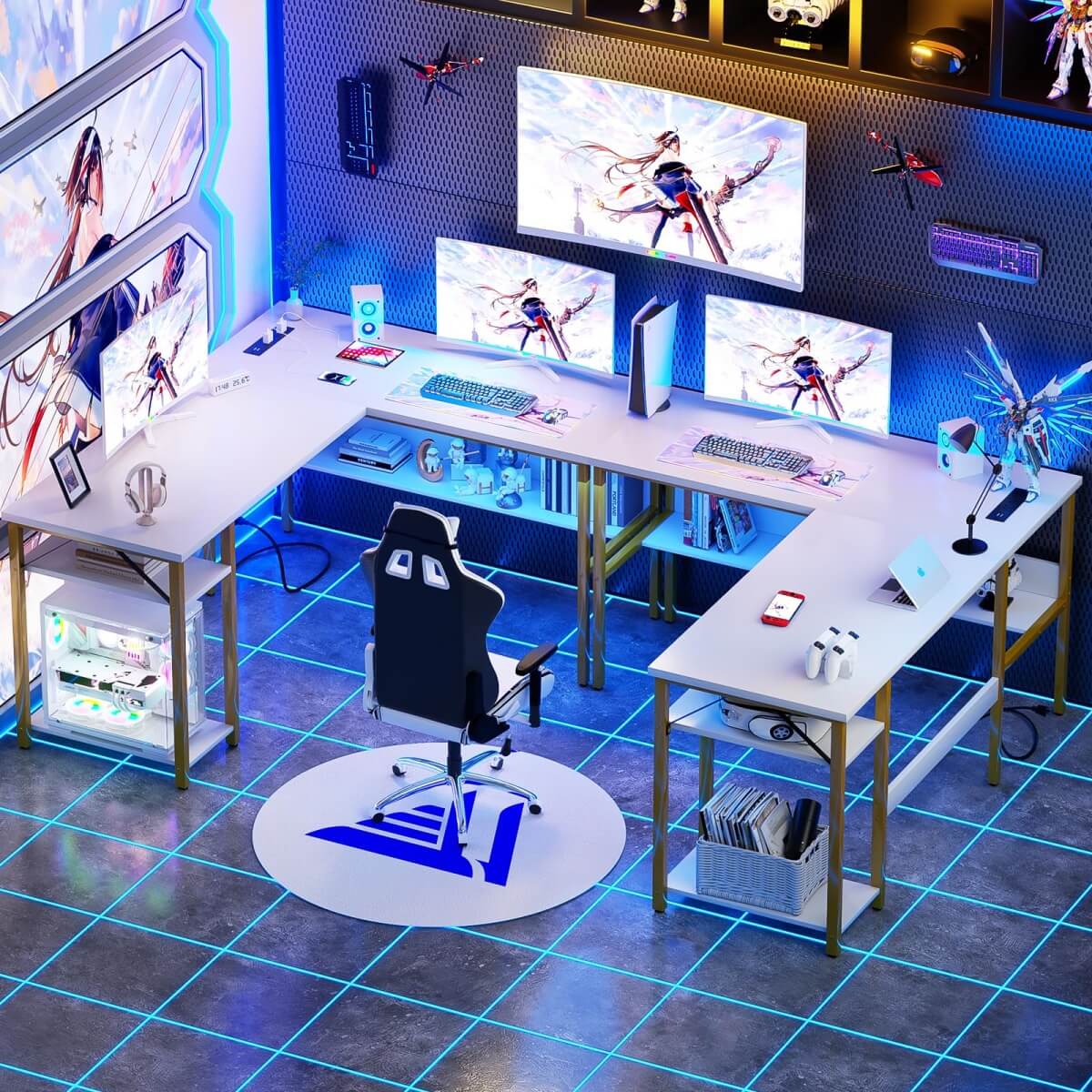 Unikito Reversible L Shaped Desk with Magic Power Outlets and USB Charging Ports, Sturdy Corner Computer Desk with Storage Shelves, Gaming Desk for Home Office, Easy to Assemble