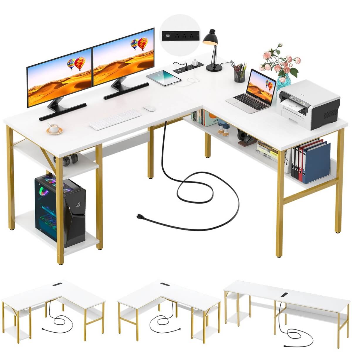 Unikito Reversible L Shaped Desk with Magic Power Outlets and USB Charging Ports, Sturdy Corner Computer Desk with Storage Shelves, Gaming Desk for Home Office, Easy to Assemble