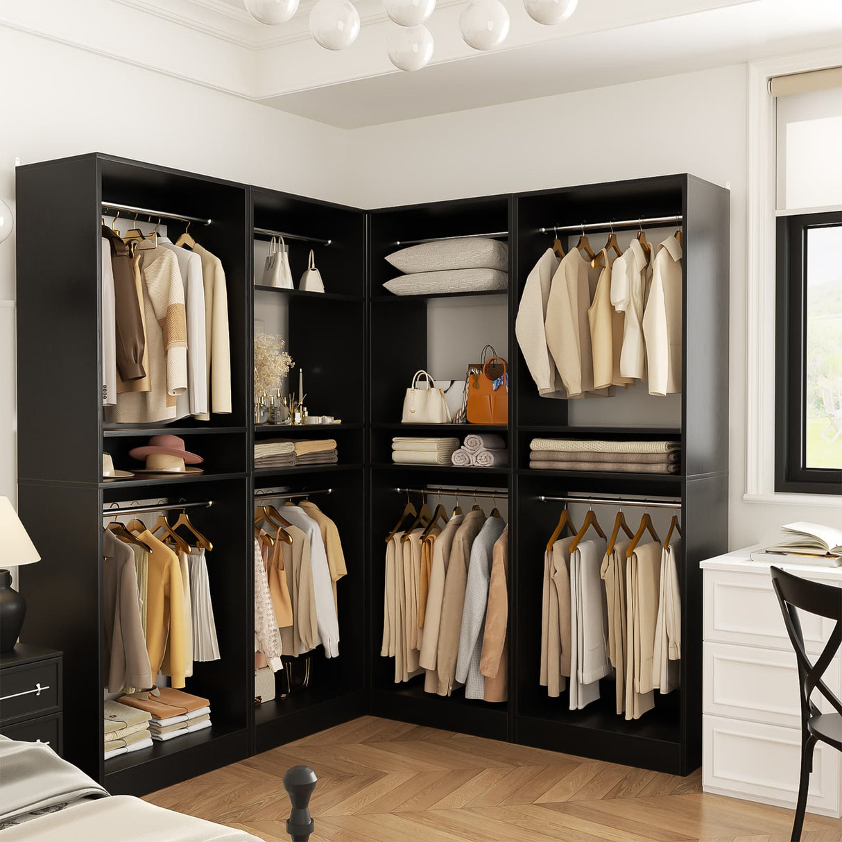 100” Closet System, 8.3FT Wood Closet Storage Organizer with 8 Hanging Rods, Adjustable Large Walk in Wardrobe Closet Tower