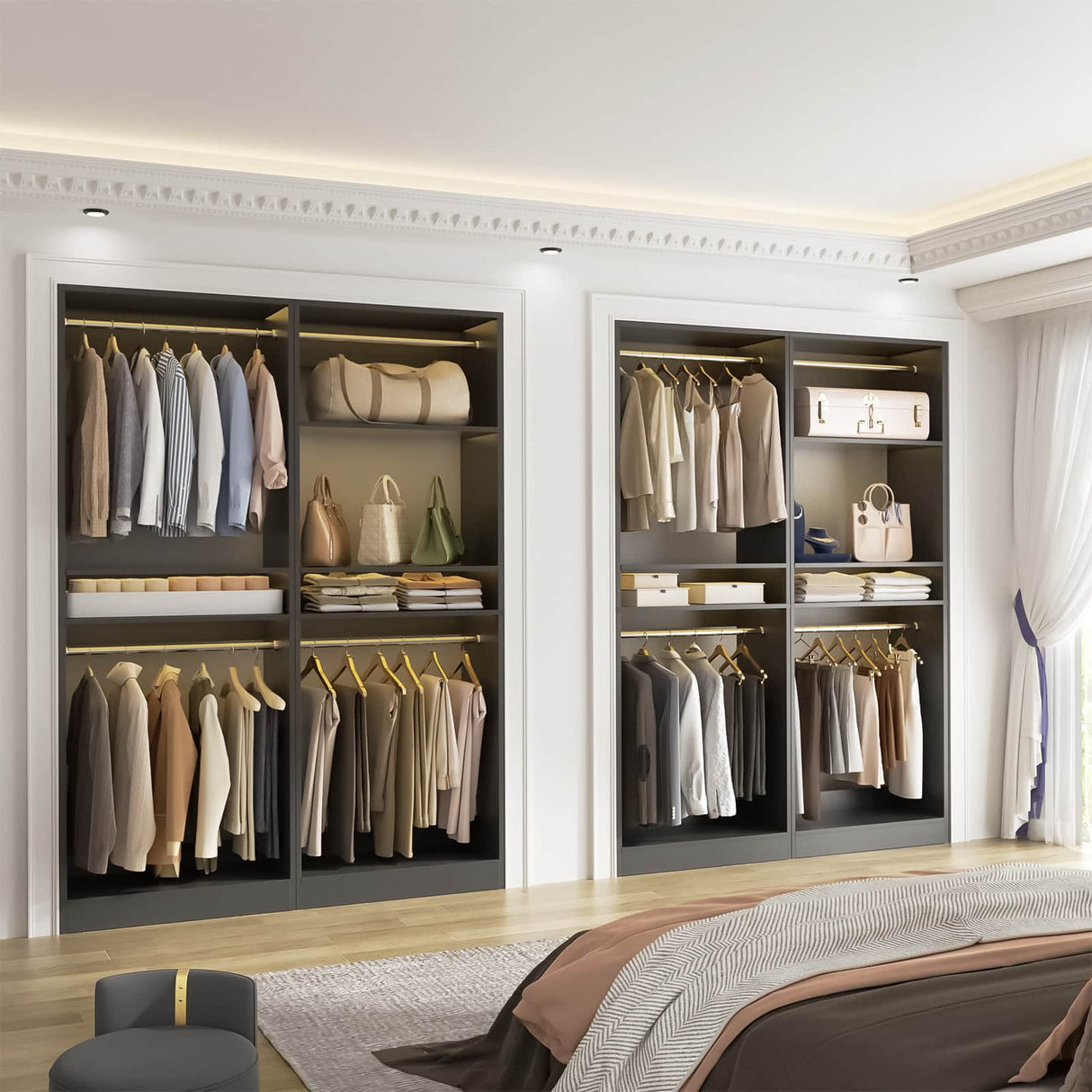 100” Closet System, 8.3FT Wood Closet Storage Organizer with 8 Hanging Rods, Adjustable Large Walk in Wardrobe Closet Tower