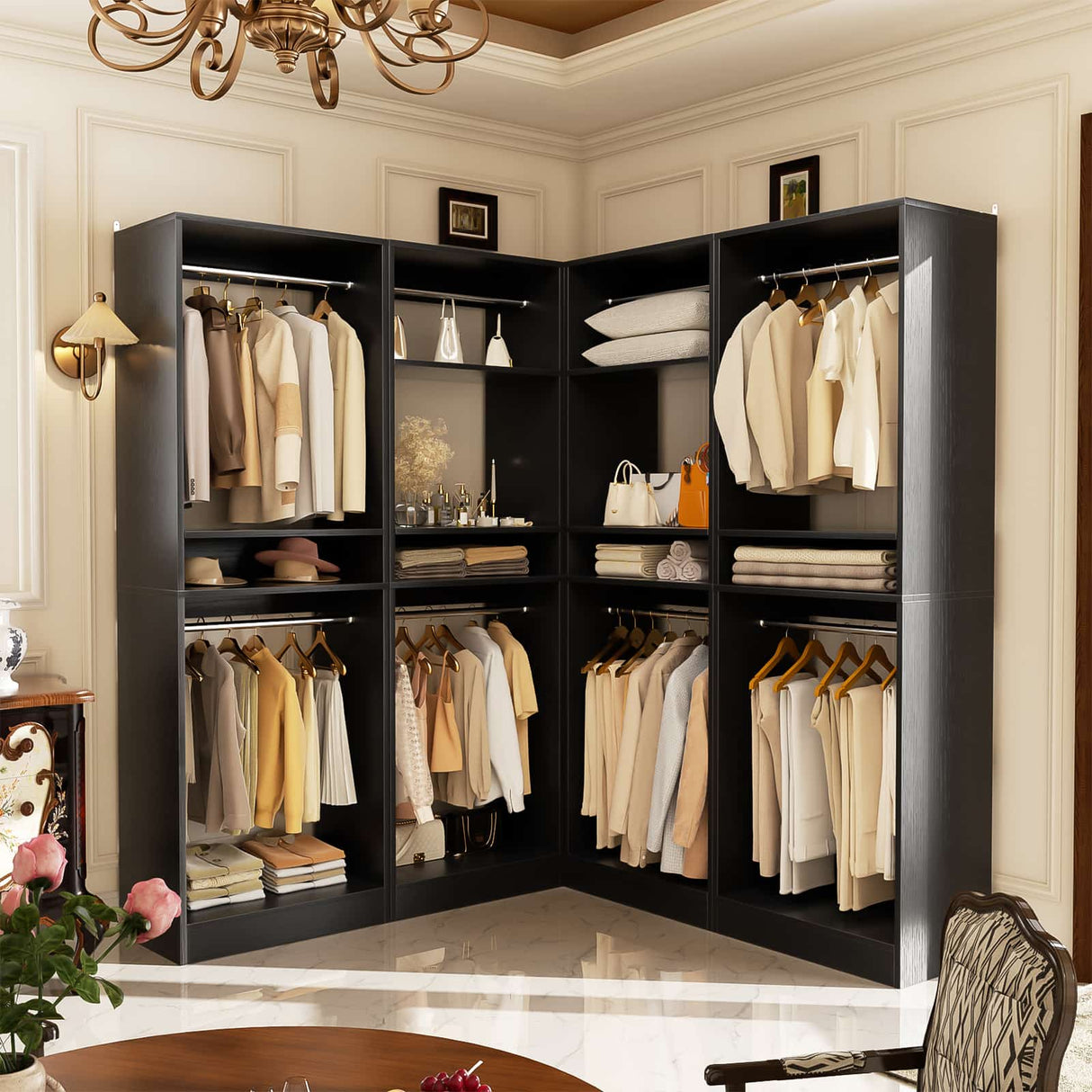 100” Closet System, 8.3FT Wood Closet Storage Organizer with 8 Hanging Rods, Adjustable Large Walk in Wardrobe Closet Tower