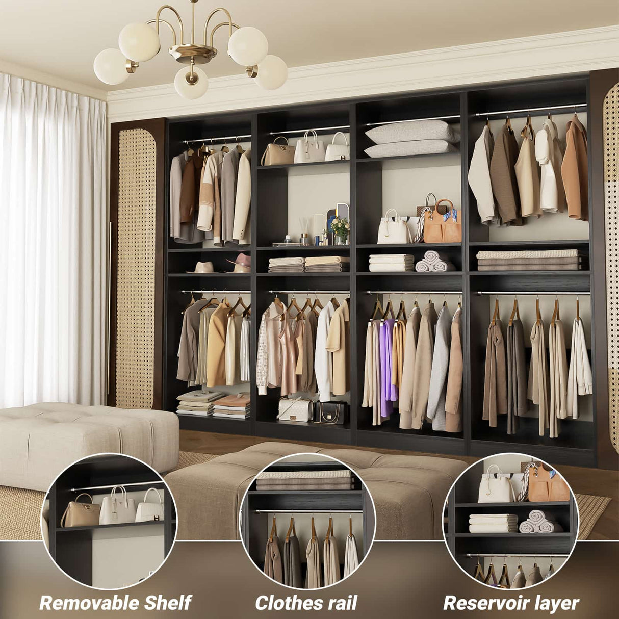 100” Closet System, 8.3FT Wood Closet Storage Organizer with 8 Hanging Rods, Adjustable Large Walk in Wardrobe Closet Tower