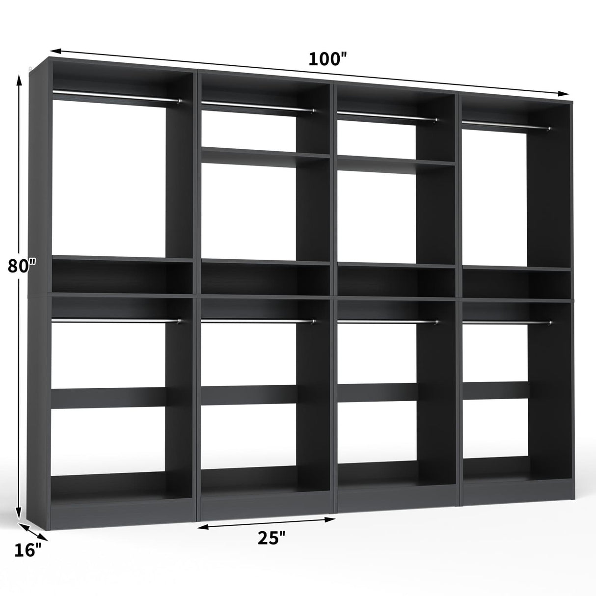 100” Closet System, 8.3FT Wood Closet Storage Organizer with 8 Hanging Rods, Adjustable Large Walk in Wardrobe Closet Tower