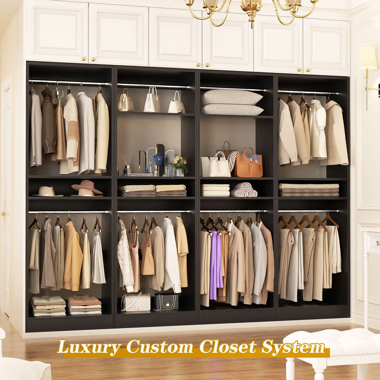 100” Closet System, 8.3FT Wood Closet Storage Organizer with 8 Hanging Rods, Adjustable Large Walk in Wardrobe Closet Tower