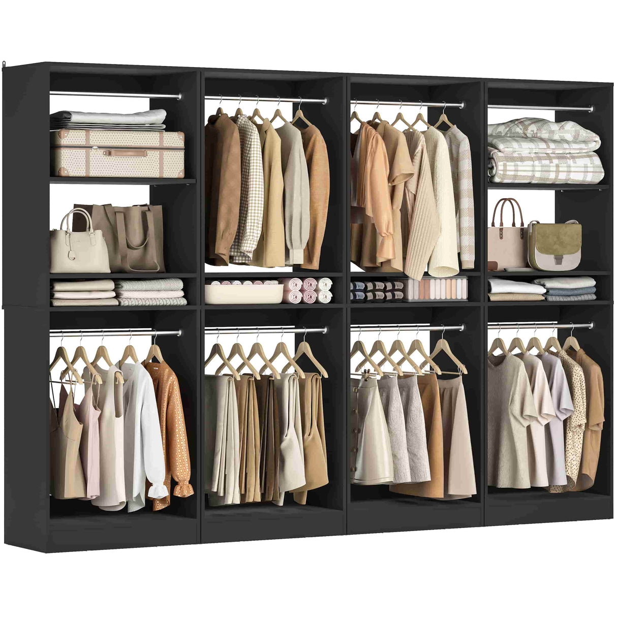 100” Closet System, 8.3FT Wood Closet Storage Organizer with 8 Hanging Rods, Adjustable Large Walk in Wardrobe Closet Tower