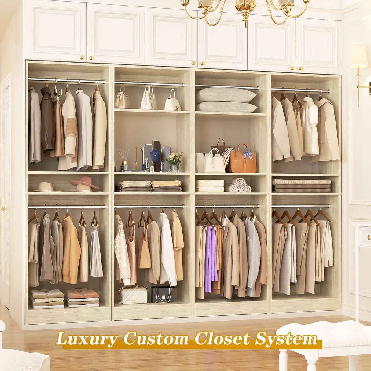 100” Closet System, 8.3FT Wood Closet Storage Organizer with 8 Hanging Rods, Adjustable Large Walk in Wardrobe Closet Tower