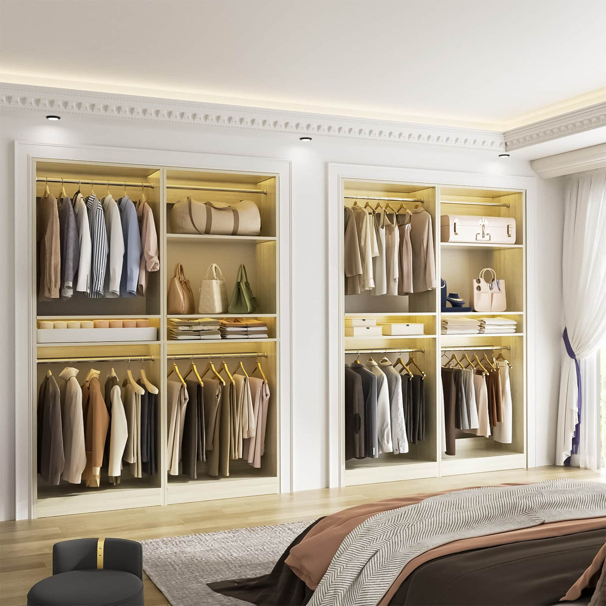 100” Closet System, 8.3FT Wood Closet Storage Organizer with 8 Hanging Rods, Adjustable Large Walk in Wardrobe Closet Tower