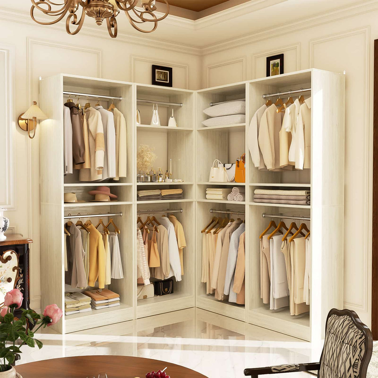 100” Closet System, 8.3FT Wood Closet Storage Organizer with 8 Hanging Rods, Adjustable Large Walk in Wardrobe Closet Tower