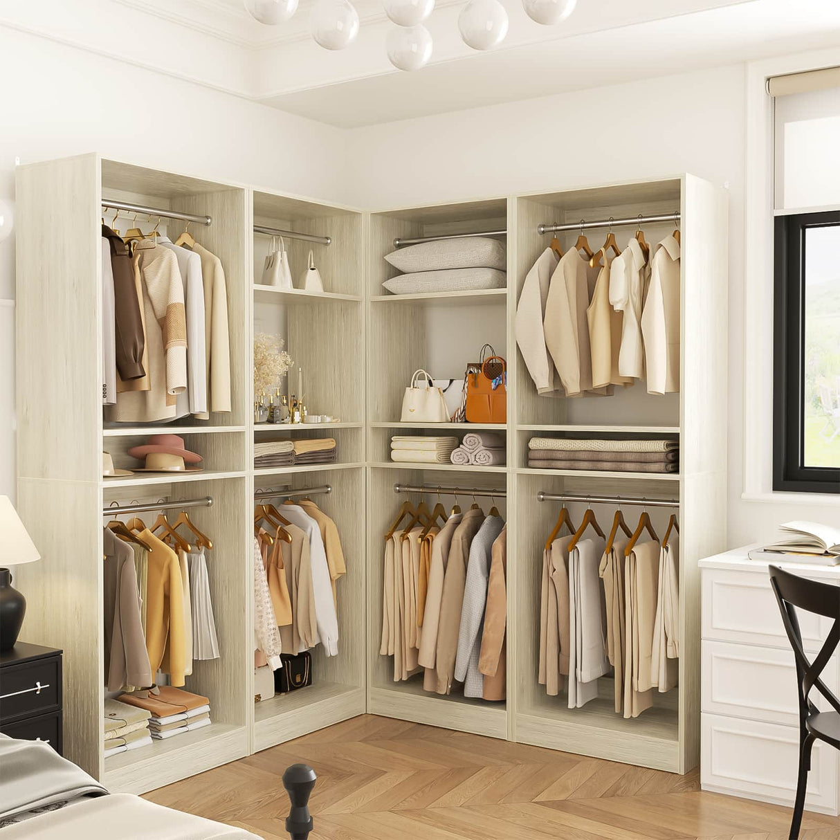 100” Closet System, 8.3FT Wood Closet Storage Organizer with 8 Hanging Rods, Adjustable Large Walk in Wardrobe Closet Tower