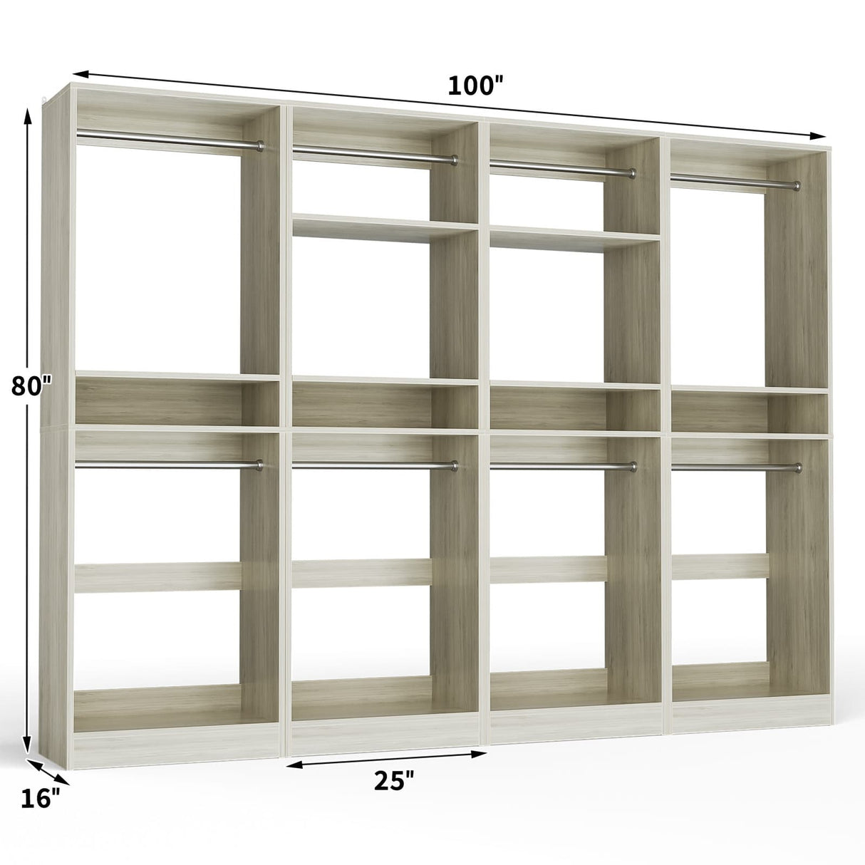 100” Closet System, 8.3FT Wood Closet Storage Organizer with 8 Hanging Rods, Adjustable Large Walk in Wardrobe Closet Tower