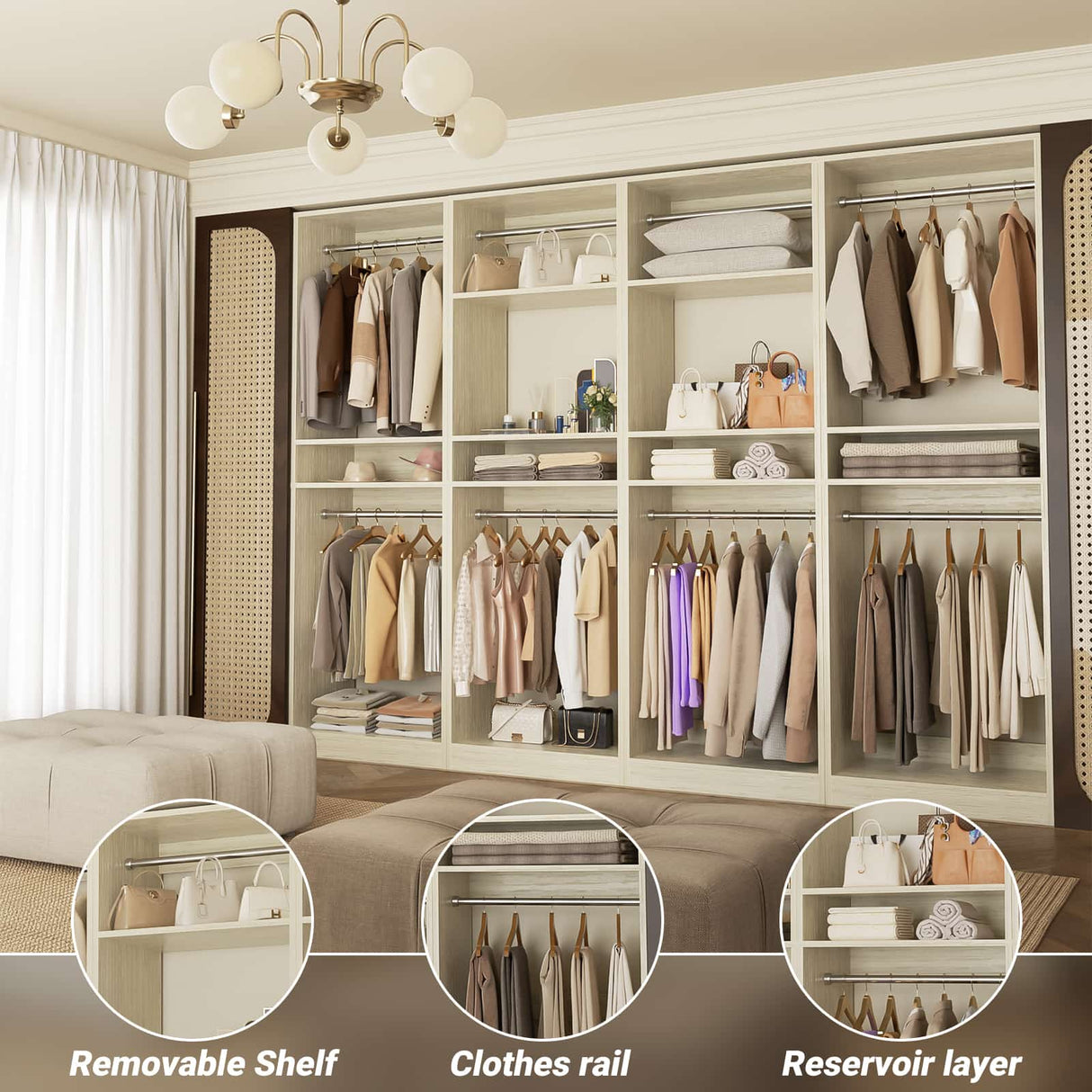100” Closet System, 8.3FT Wood Closet Storage Organizer with 8 Hanging Rods, Adjustable Large Walk in Wardrobe Closet Tower