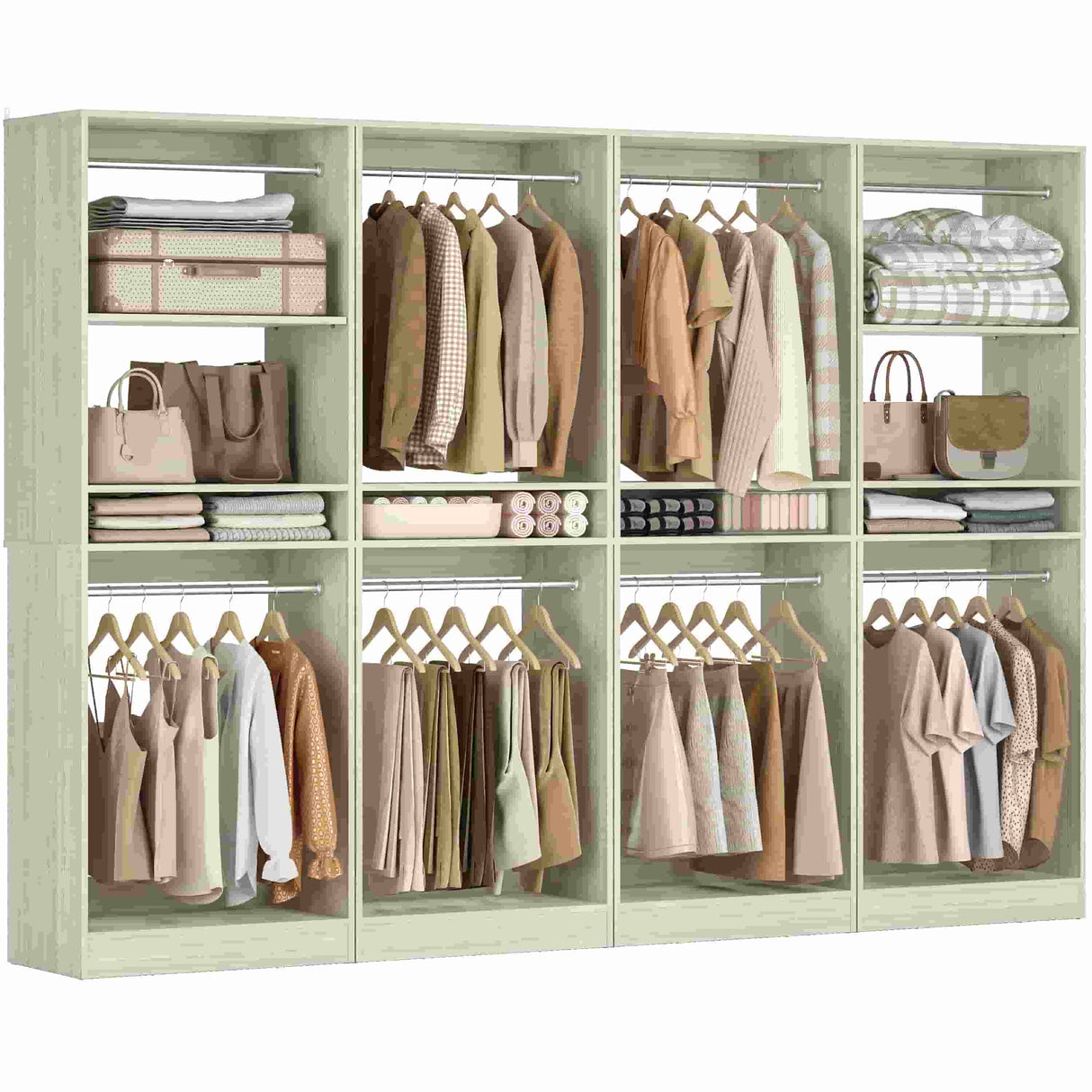 100” Closet System, 8.3FT Wood Closet Storage Organizer with 8 Hanging Rods, Adjustable Large Walk in Wardrobe Closet Tower
