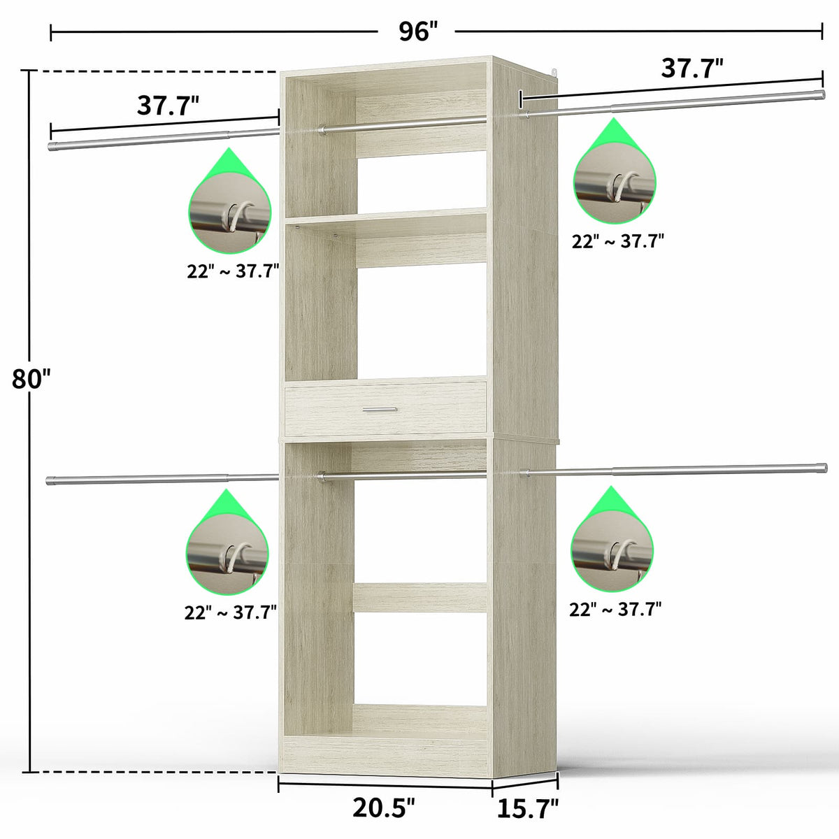96” Closet System, 8FT Walk in Closets Organizer Kit with 4 Extendable Hanging Rods and Drawer