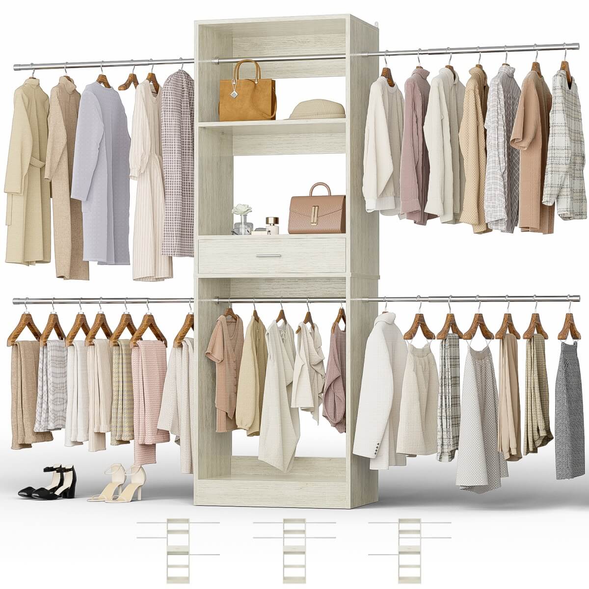 96'' Closet System with 4 Hanging Rods & Drawer, Max Load 1000 LBS