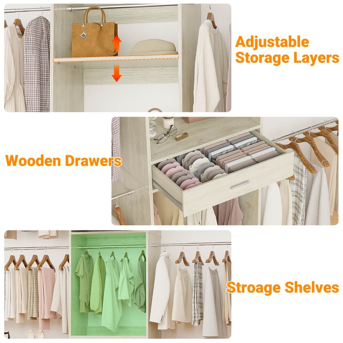 96'' Closet System with 4 Hanging Rods & Drawer, Max Load 1000 LBS