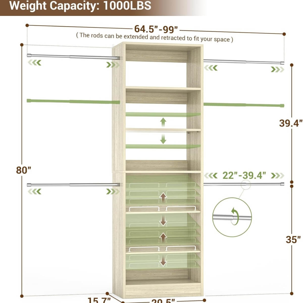 4 - 8 ft Wooden Closet organizer System with 4 Hanging Rods and Adjustable Shelves