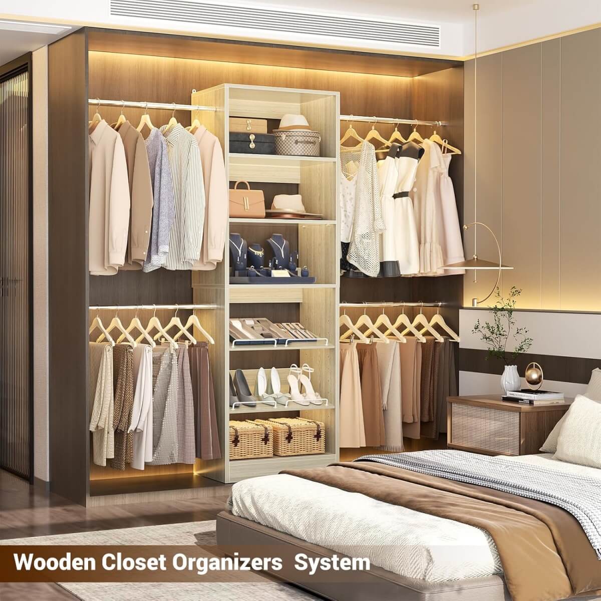 4 - 8 ft Wooden Closet organizer System with 4 Hanging Rods and Adjustable Shelves