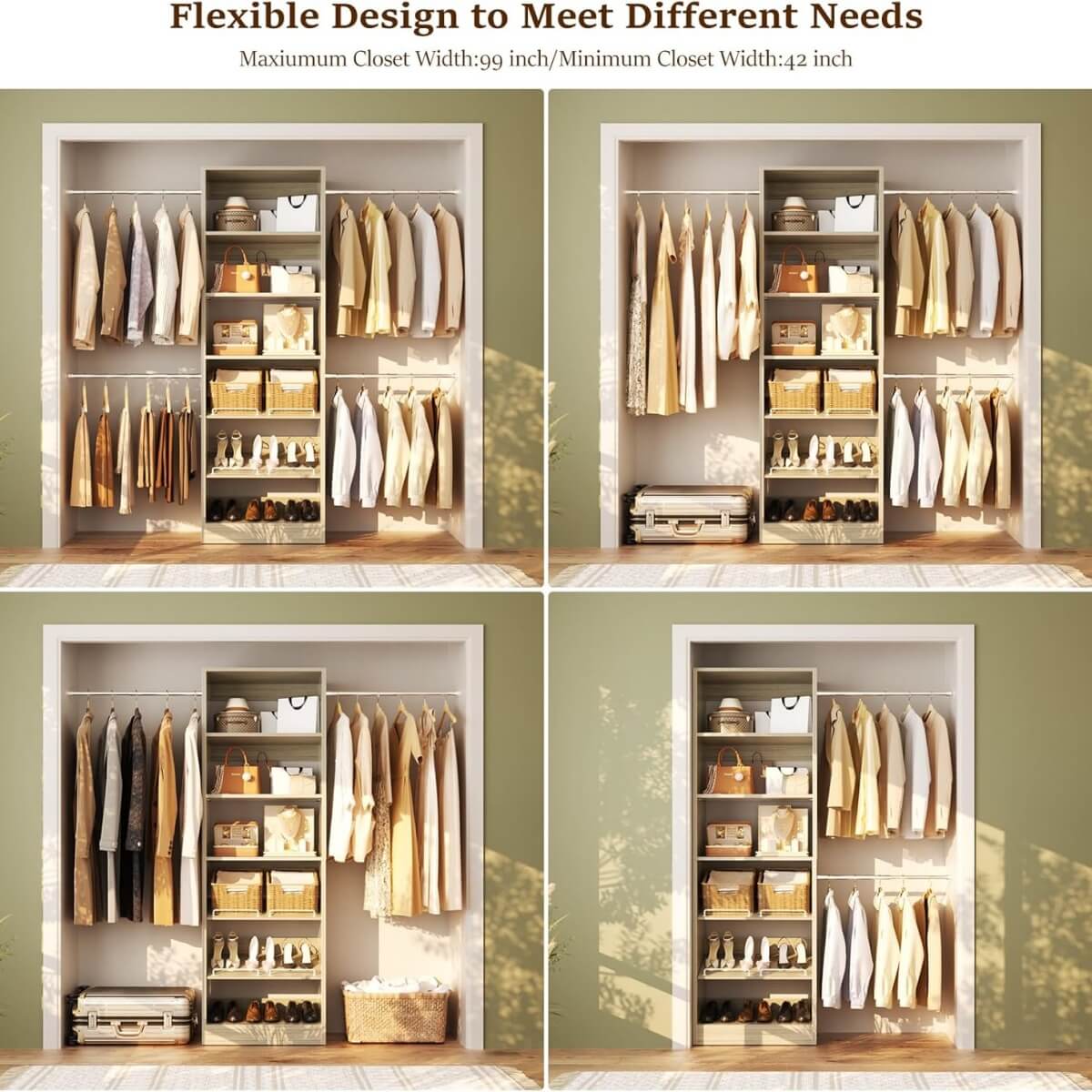 4 - 8 ft Wooden Closet organizer System with 4 Hanging Rods and Adjustable Shelves