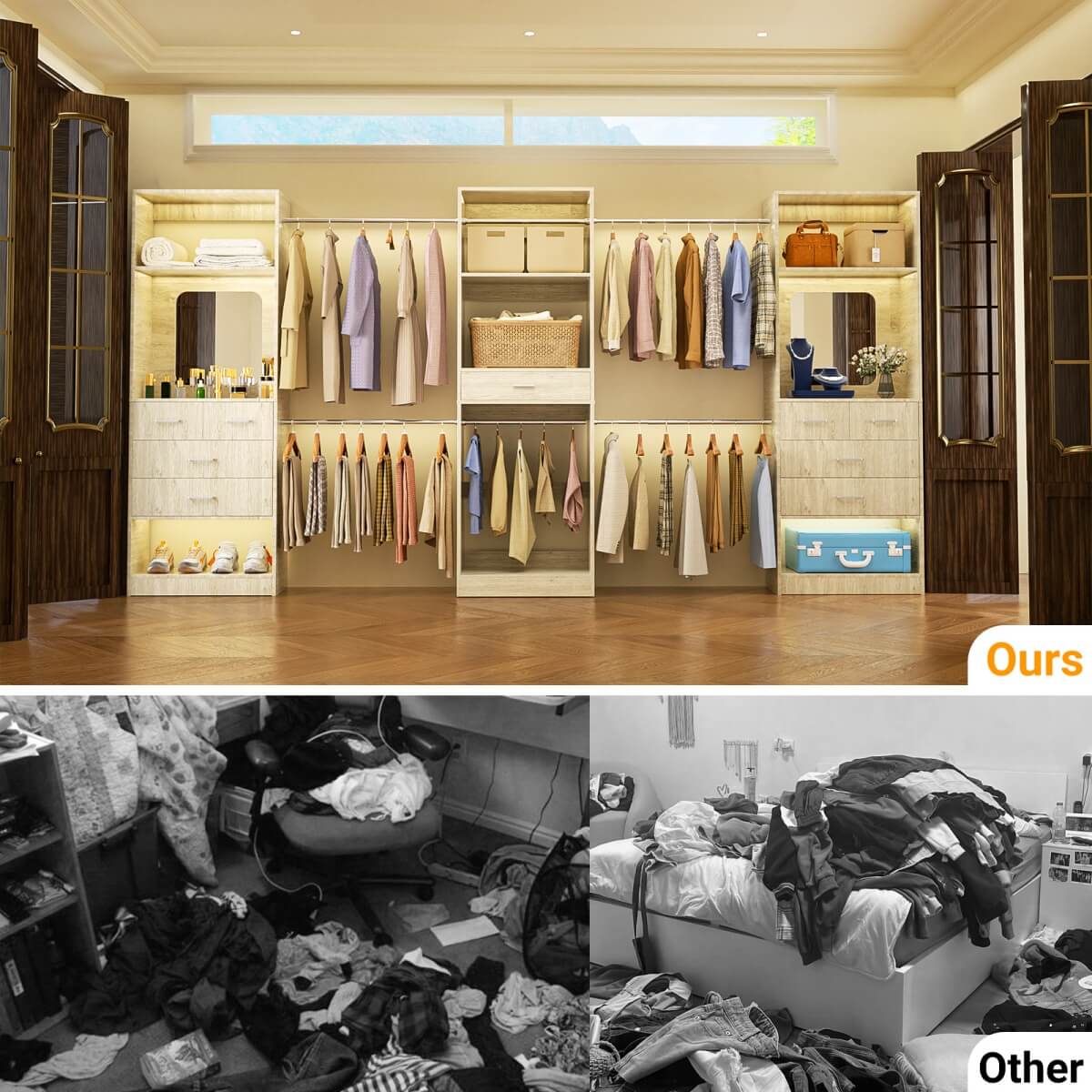 96'' Closet System with 4 Hanging Rods & Drawer, Max Load 1000 LBS