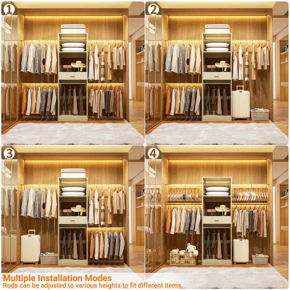 96'' Closet System with 4 Hanging Rods & Drawer, Max Load 1000 LBS