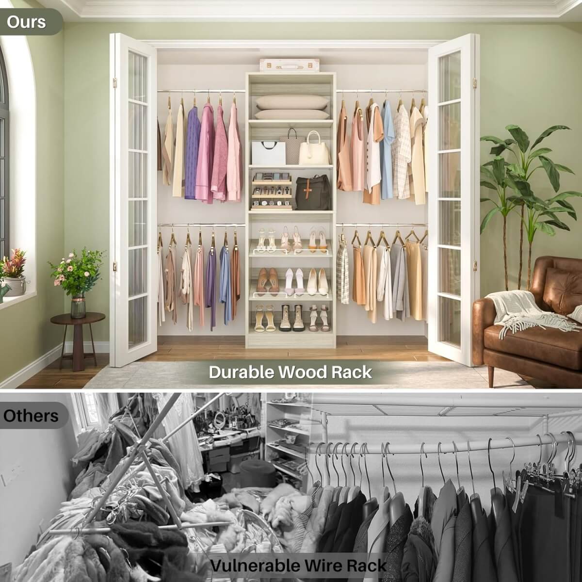 4 - 8 ft Wooden Closet organizer System with 4 Hanging Rods and Adjustable Shelves