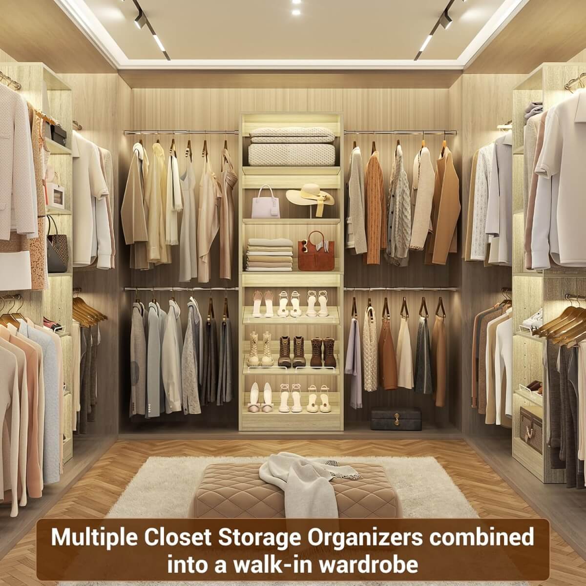 4 - 8 ft Wooden Closet organizer System with 4 Hanging Rods and Adjustable Shelves