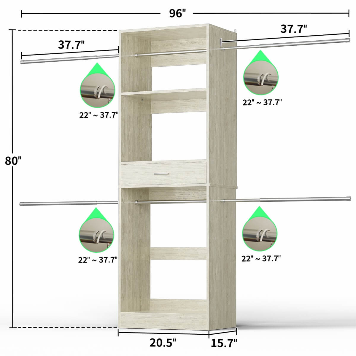 96'' Closet System with 4 Hanging Rods & Drawer, Max Load 1000 LBS
