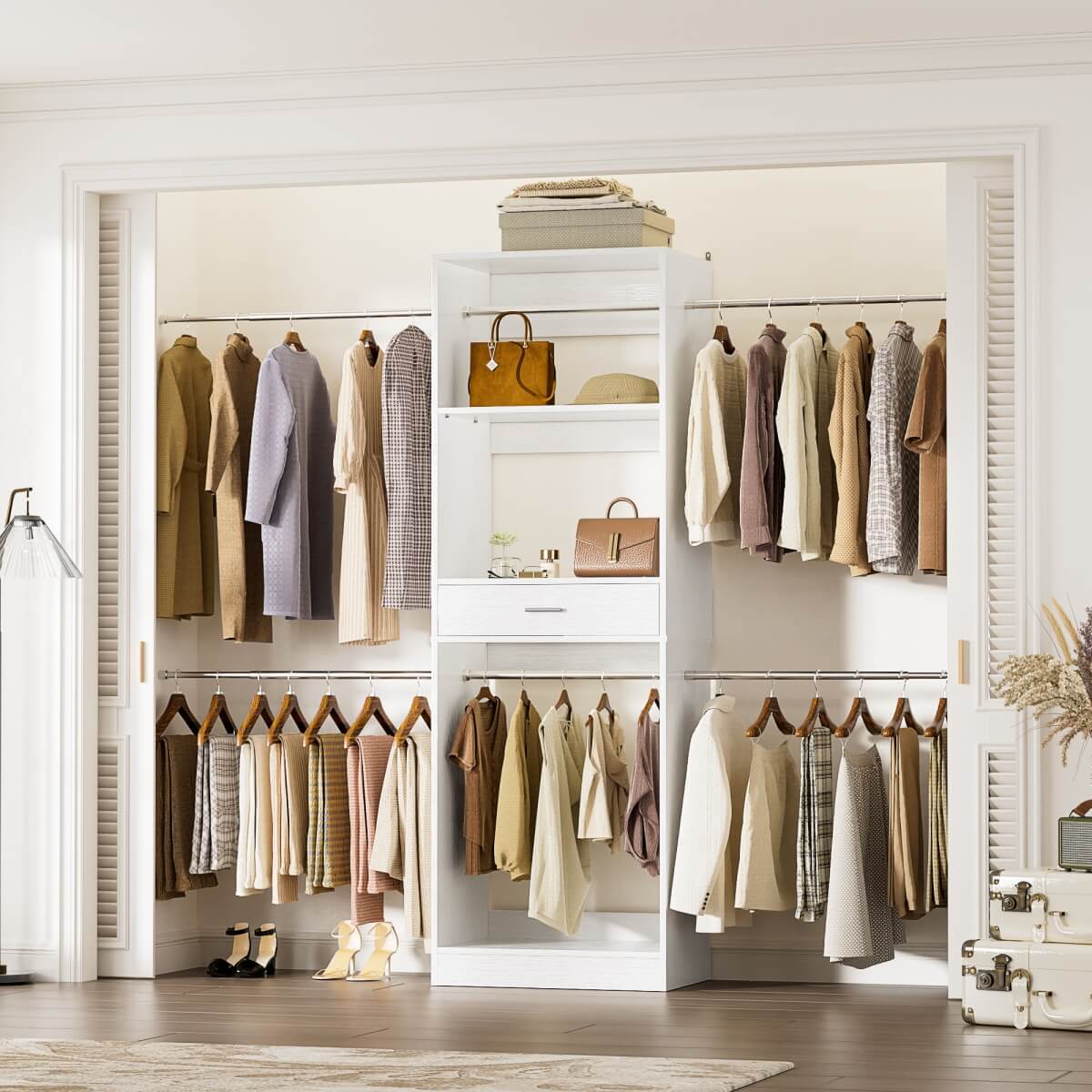 96'' Closet System with 4 Hanging Rods & Drawer, Max Load 1000 LBS