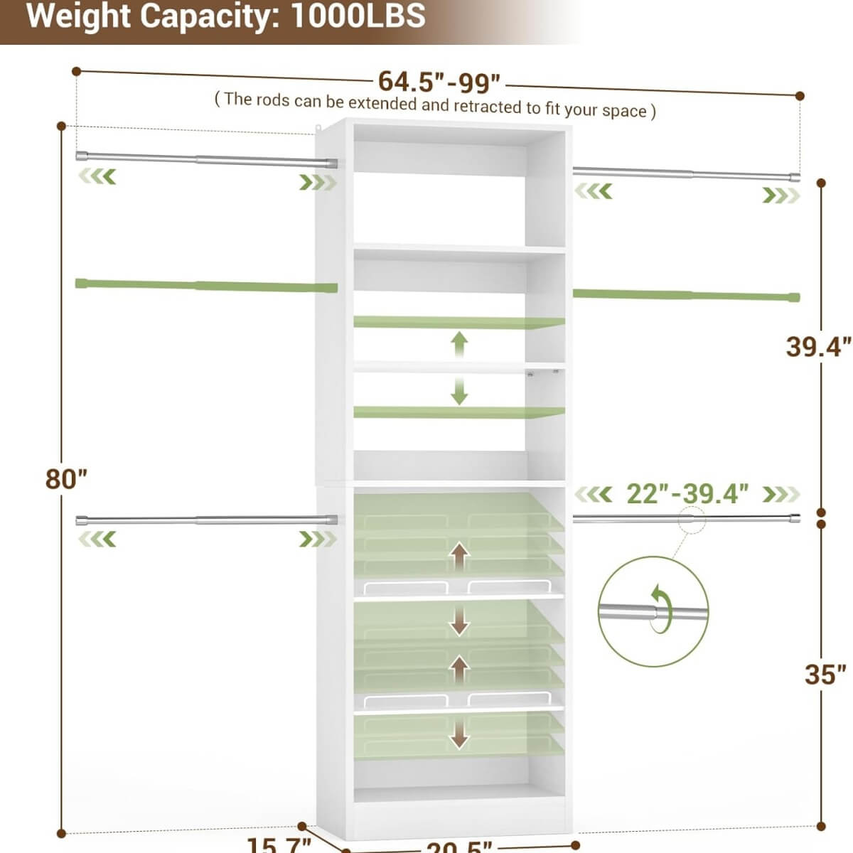 4 - 8 ft Wooden Closet organizer System with 4 Hanging Rods and Adjustable Shelves