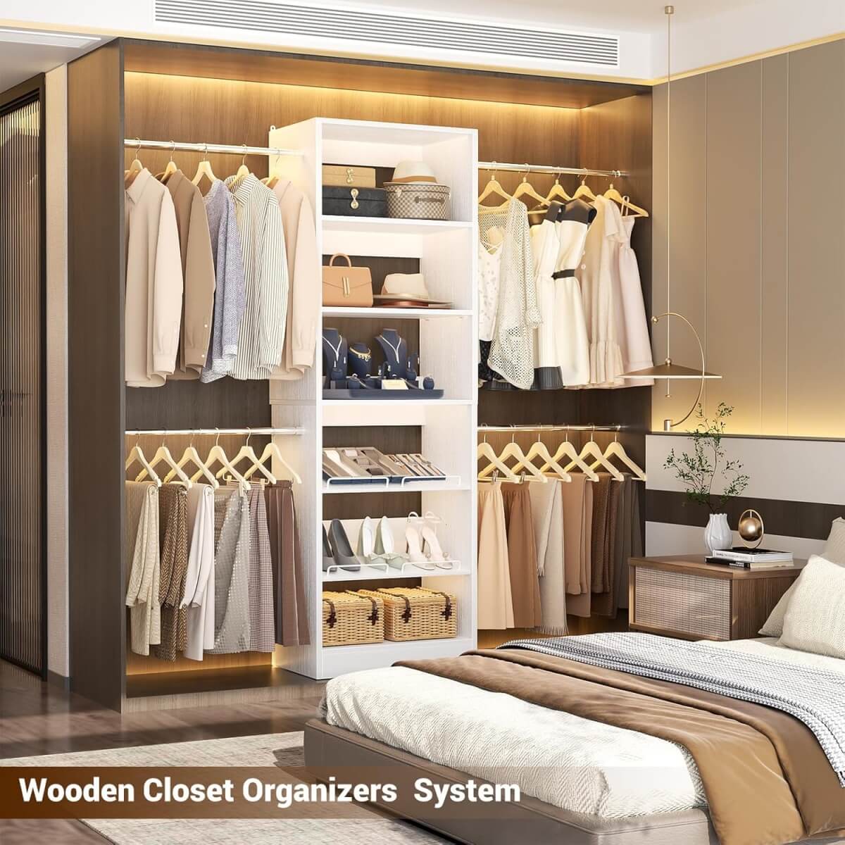 4 - 8 ft Wooden Closet organizer System with 4 Hanging Rods and Adjustable Shelves