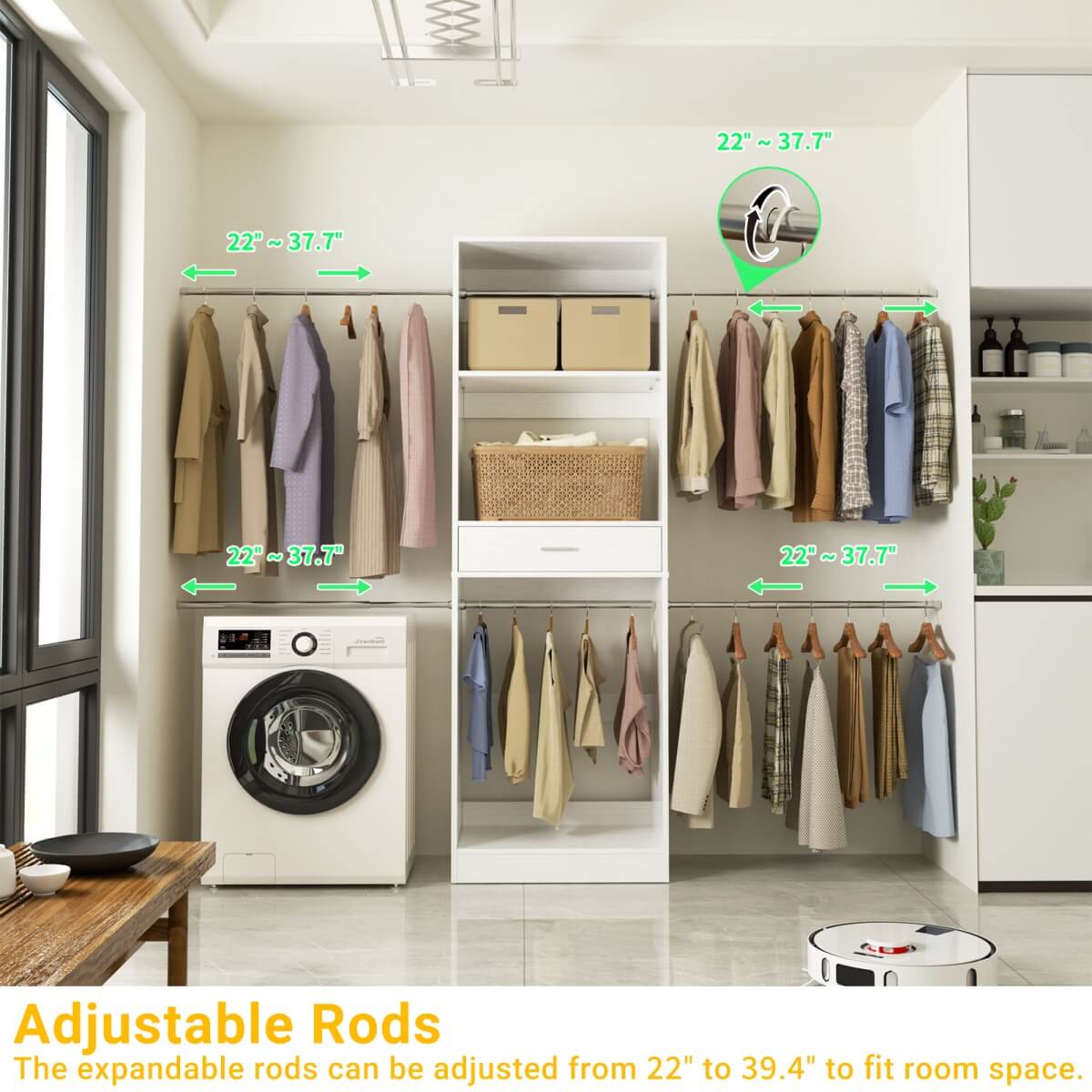 96'' Closet System with 4 Hanging Rods & Drawer, Max Load 1000 LBS