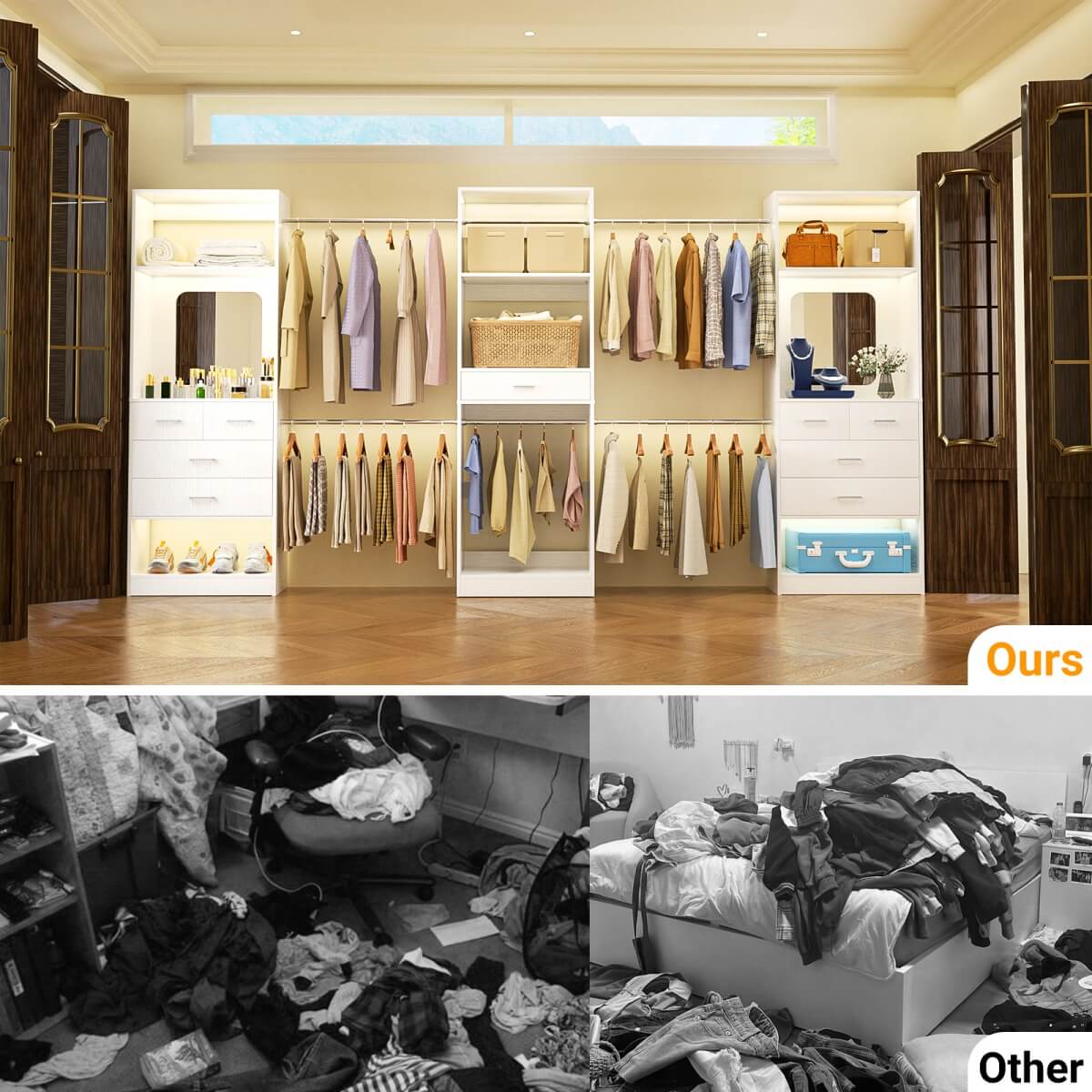 96'' Closet System with 4 Hanging Rods & Drawer, Max Load 1000 LBS