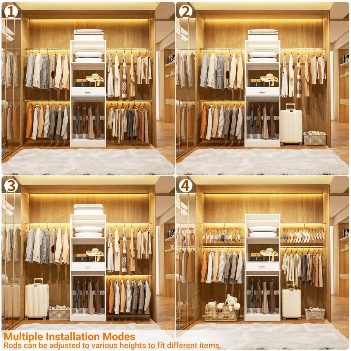 96'' Closet System with 4 Hanging Rods & Drawer, Max Load 1000 LBS