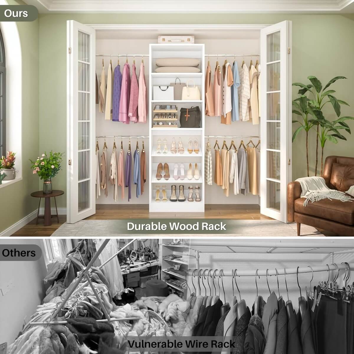 4 - 8 ft Wooden Closet organizer System with 4 Hanging Rods and Adjustable Shelves