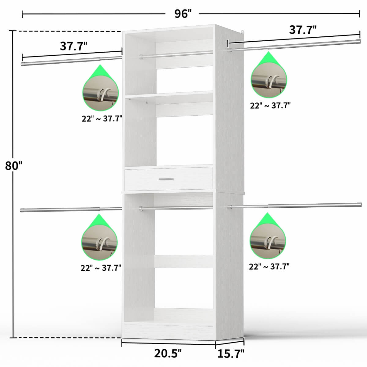 96'' Closet System with 4 Hanging Rods & Drawer, Max Load 1000 LBS