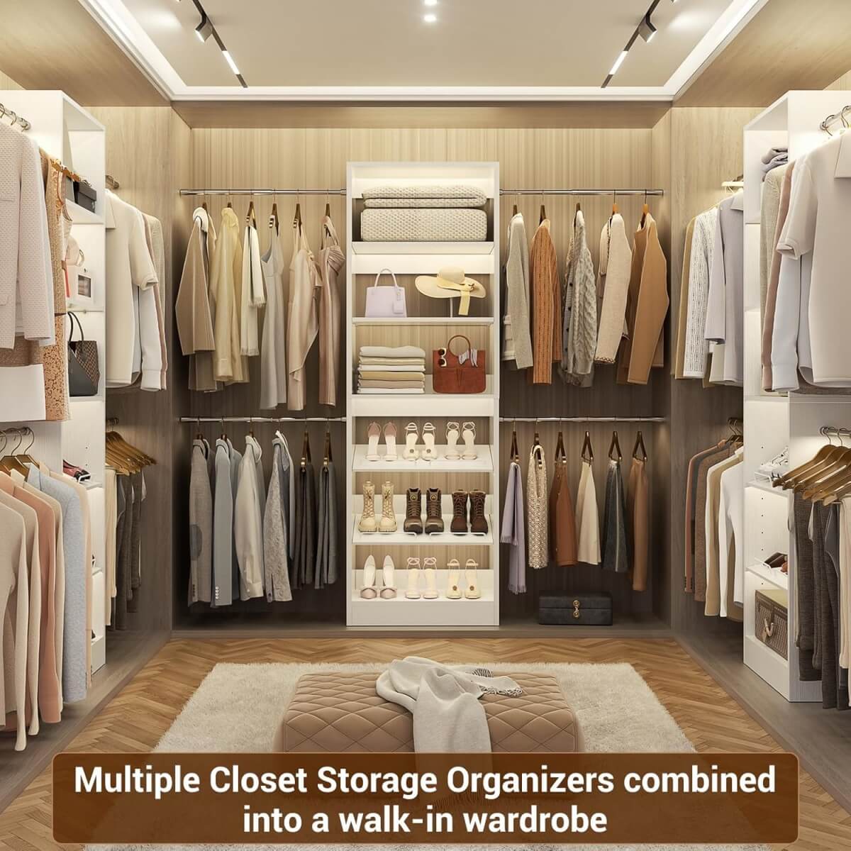 4 - 8 ft Wooden Closet organizer System with 4 Hanging Rods and Adjustable Shelves