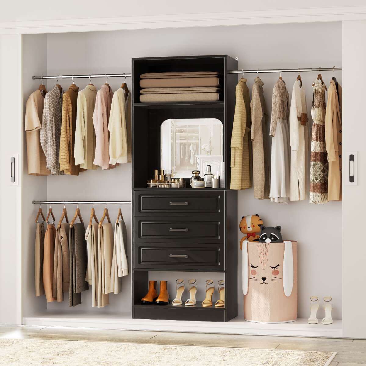 48 - 96 Inch Closet Organizer System with Mirror, 3 Hanging Rods, and 3 Drawers