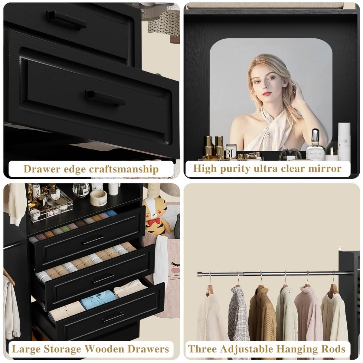48 - 96 Inch Closet Organizer System with Mirror, 3 Hanging Rods, and 3 Drawers