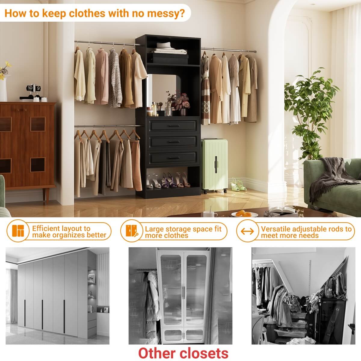 48 - 96 Inch Closet Organizer System with Mirror, 3 Hanging Rods, and 3 Drawers