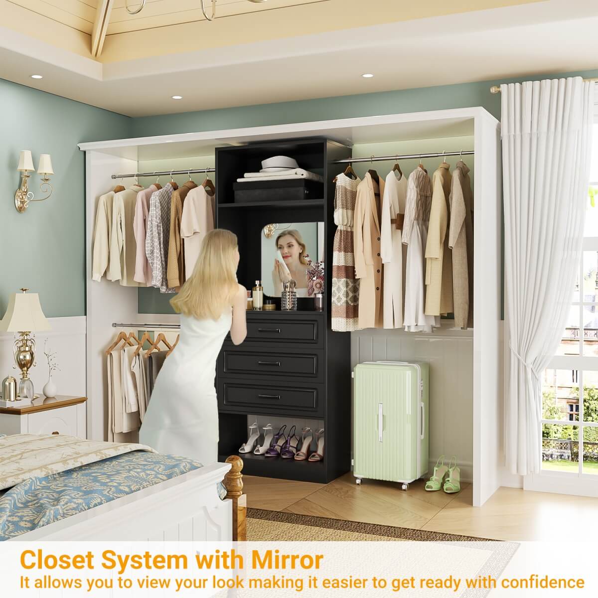 48 - 96 Inch Closet Organizer System with Mirror, 3 Hanging Rods, and 3 Drawers