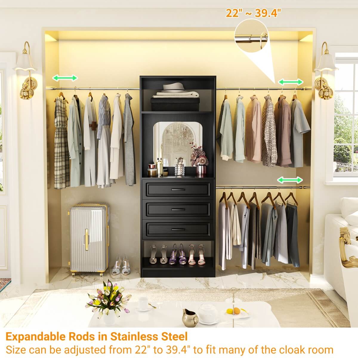 48 - 96 Inch Closet Organizer System with Mirror, 3 Hanging Rods, and 3 Drawers