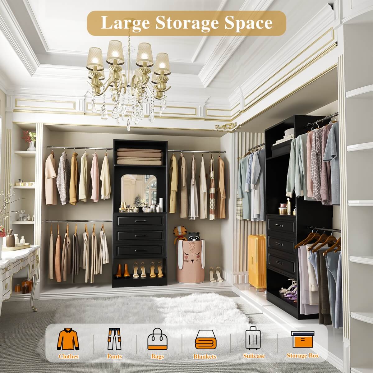 48 - 96 Inch Closet Organizer System with Mirror, 3 Hanging Rods, and 3 Drawers
