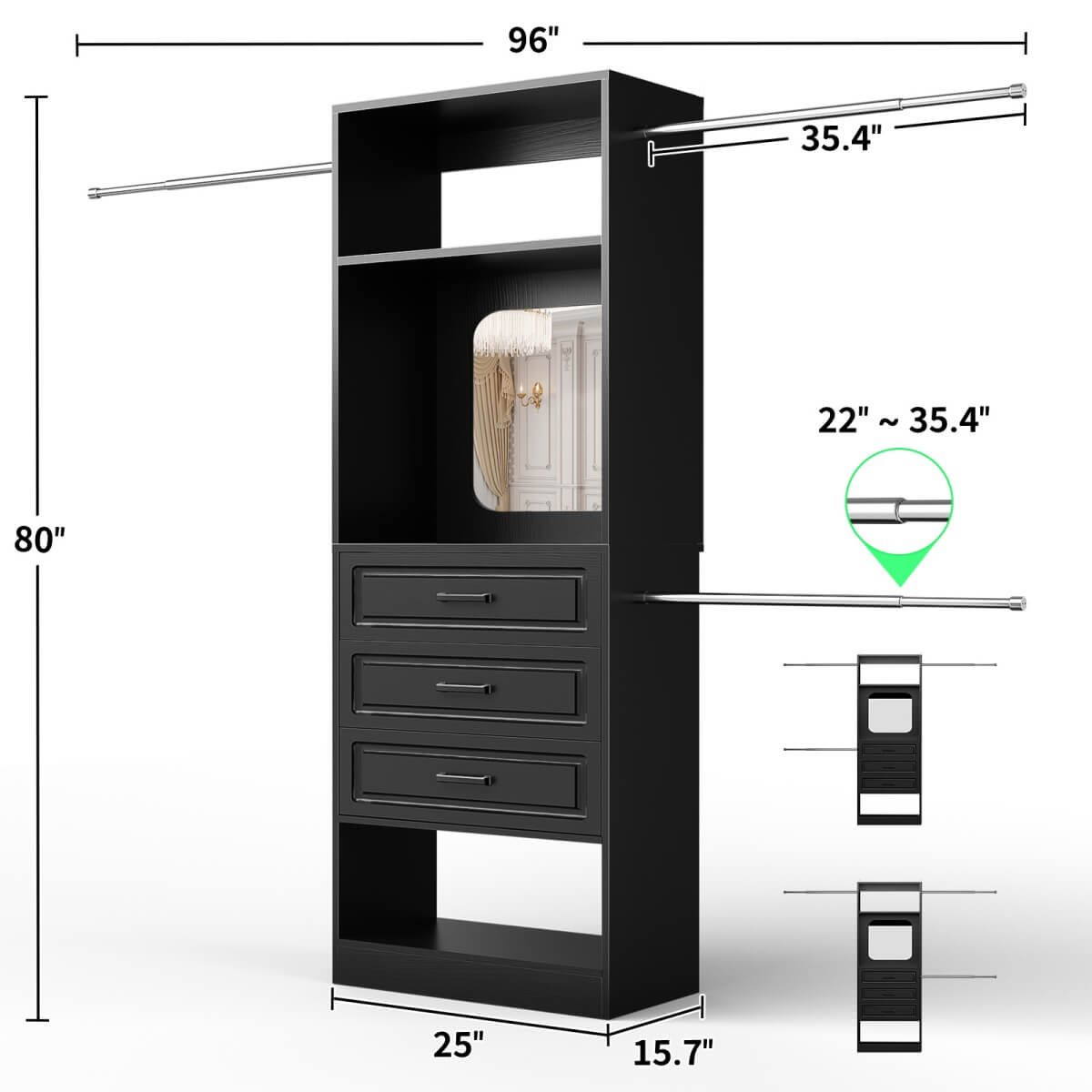 48 - 96 Inch Closet Organizer System with Mirror, 3 Hanging Rods, and 3 Drawers