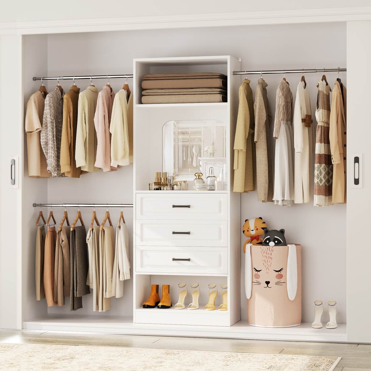 48 - 96 Inch Closet Organizer System with Mirror, 3 Hanging Rods, and 3 Drawers