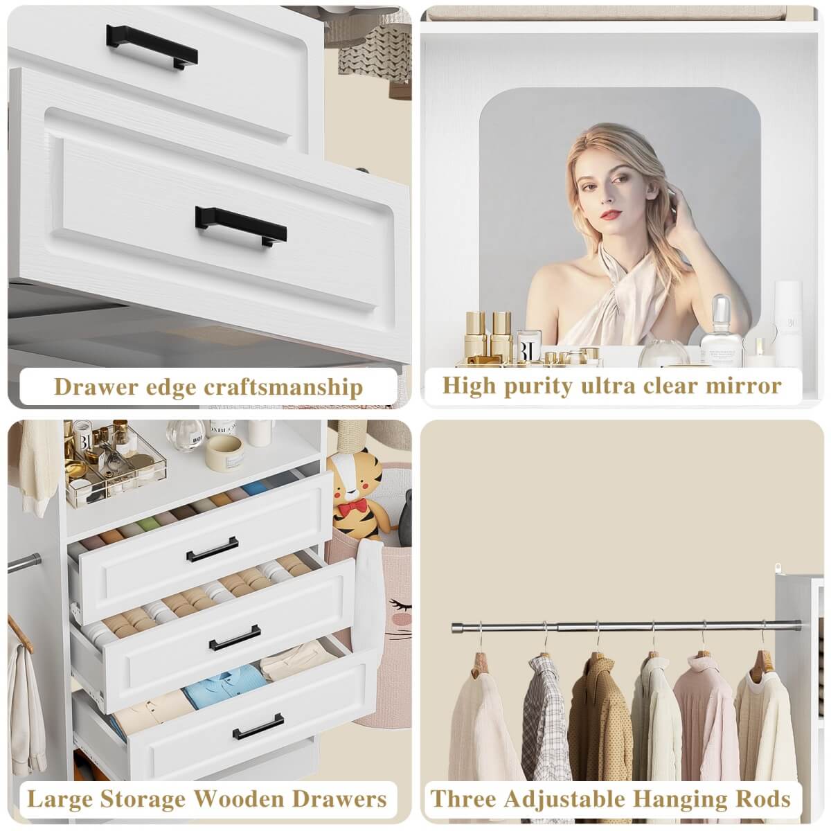 48 - 96 Inch Closet Organizer System with Mirror, 3 Hanging Rods, and 3 Drawers