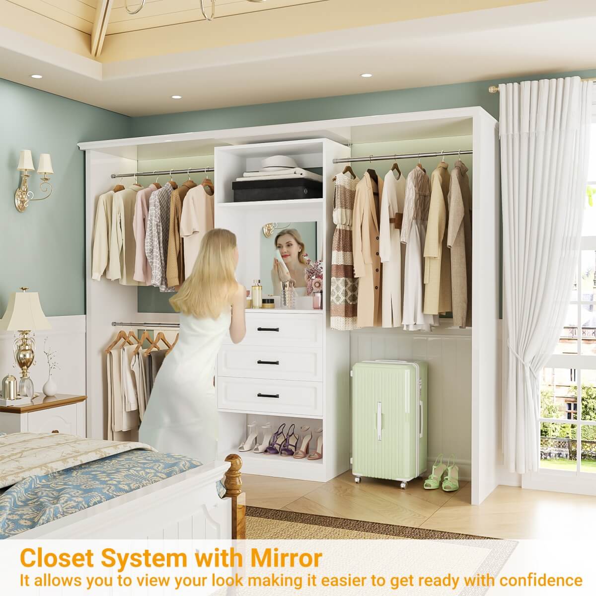 48 - 96 Inch Closet Organizer System with Mirror, 3 Hanging Rods, and 3 Drawers