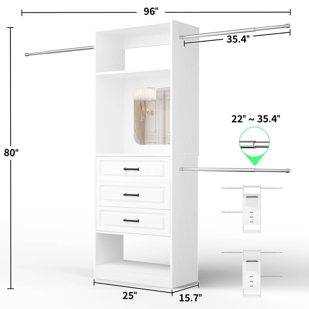 48 - 96 Inch Closet Organizer System with Mirror, 3 Hanging Rods, and 3 Drawers