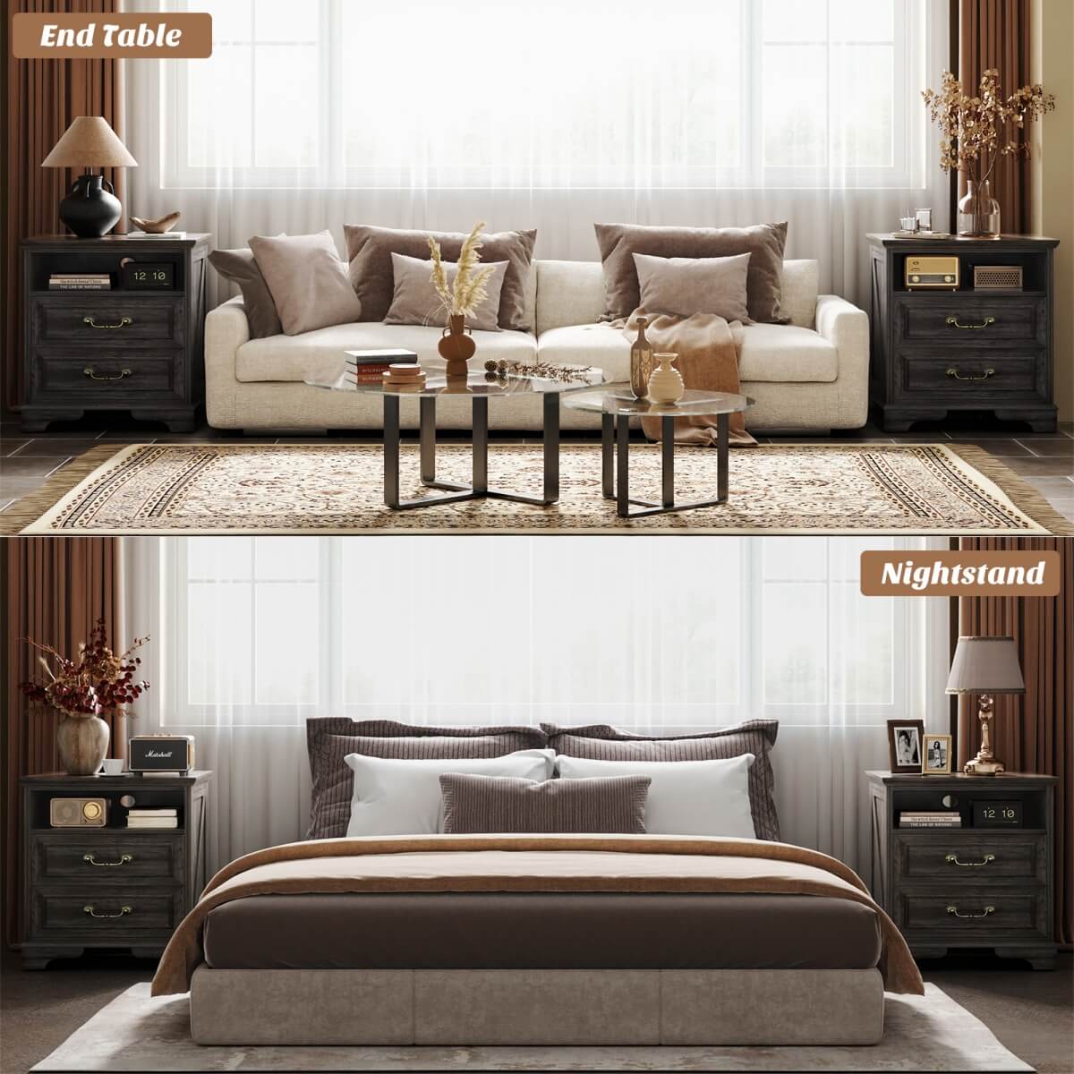 Farmhouse Nightstands with Drawers, Bedside Table with Power Outlet