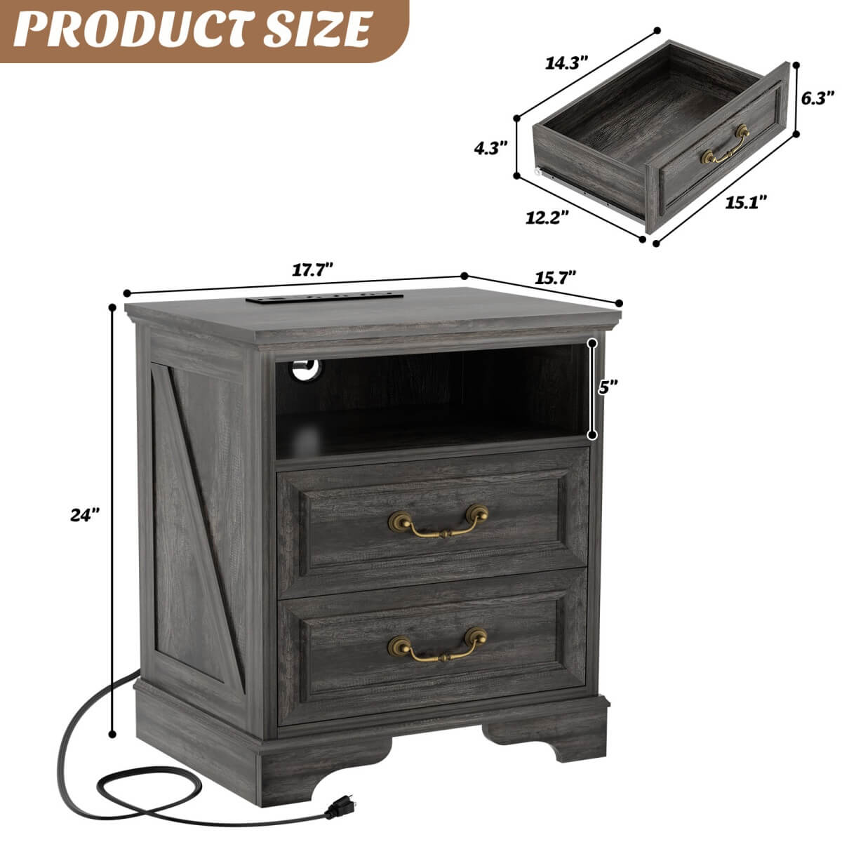 Farmhouse Nightstands with Drawers, Bedside Table with Power Outlet